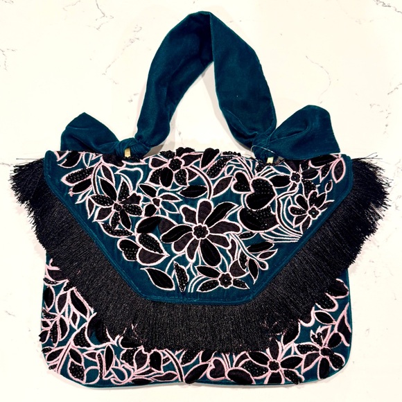 Anthropologie Handbags - Anthropologie Medium Black, Pink and Green Floral Velvet Beaded Handbag NWT